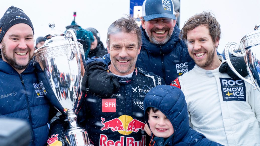 Tobias Lindfors, Sebastian Loeb, Fredrik Johnsson, Aksel Johnsson, Sebastian Vettel, l-r, Race of Champions, Sweden, 2022, Porsche AG