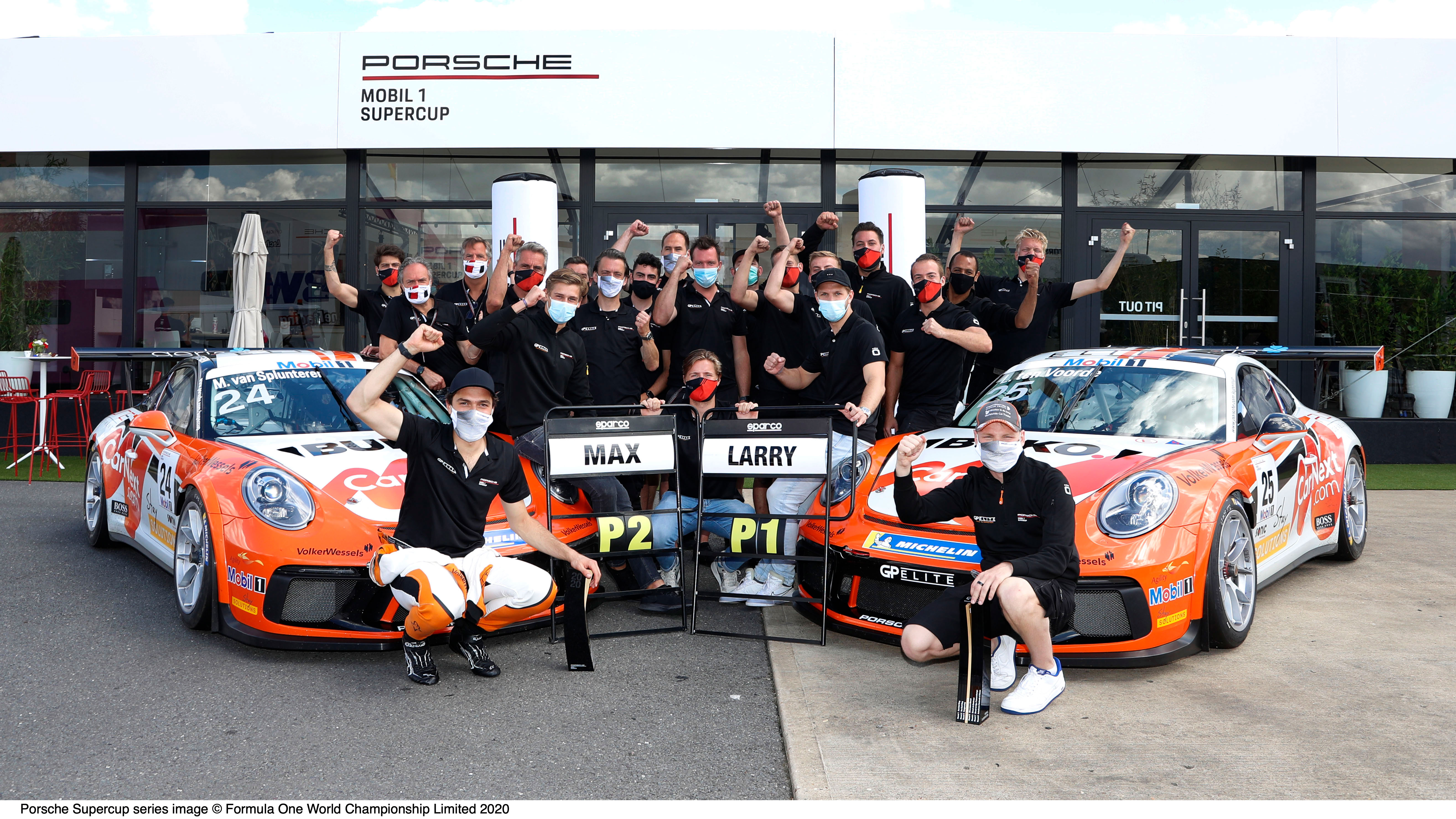 Team GP Elite, Max van Splunteren (NL), Larry ten Voorde (NL), l-r, Porsche 911 GT3 Cup, Porsche Mobil 1 Supercup, Rennen, Silverstone, 2020, Porsche AG